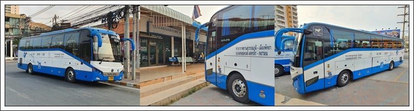 Drei blau-weiße Reisebusse des Airport Bus vor der Haltestelle